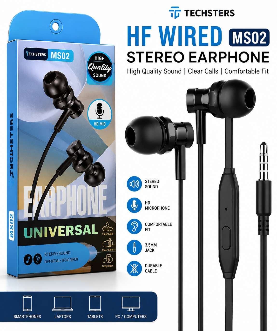 Techsters HF Wired MS02 Stereo Wired Earphones with Microphone and 3.5mm Jack – MR Electro Pakistan