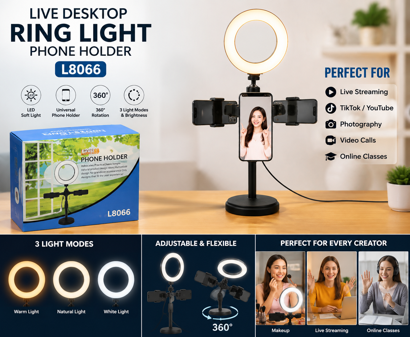 Live Desktop Ring Light Phone Holder L8066 | MR Electro